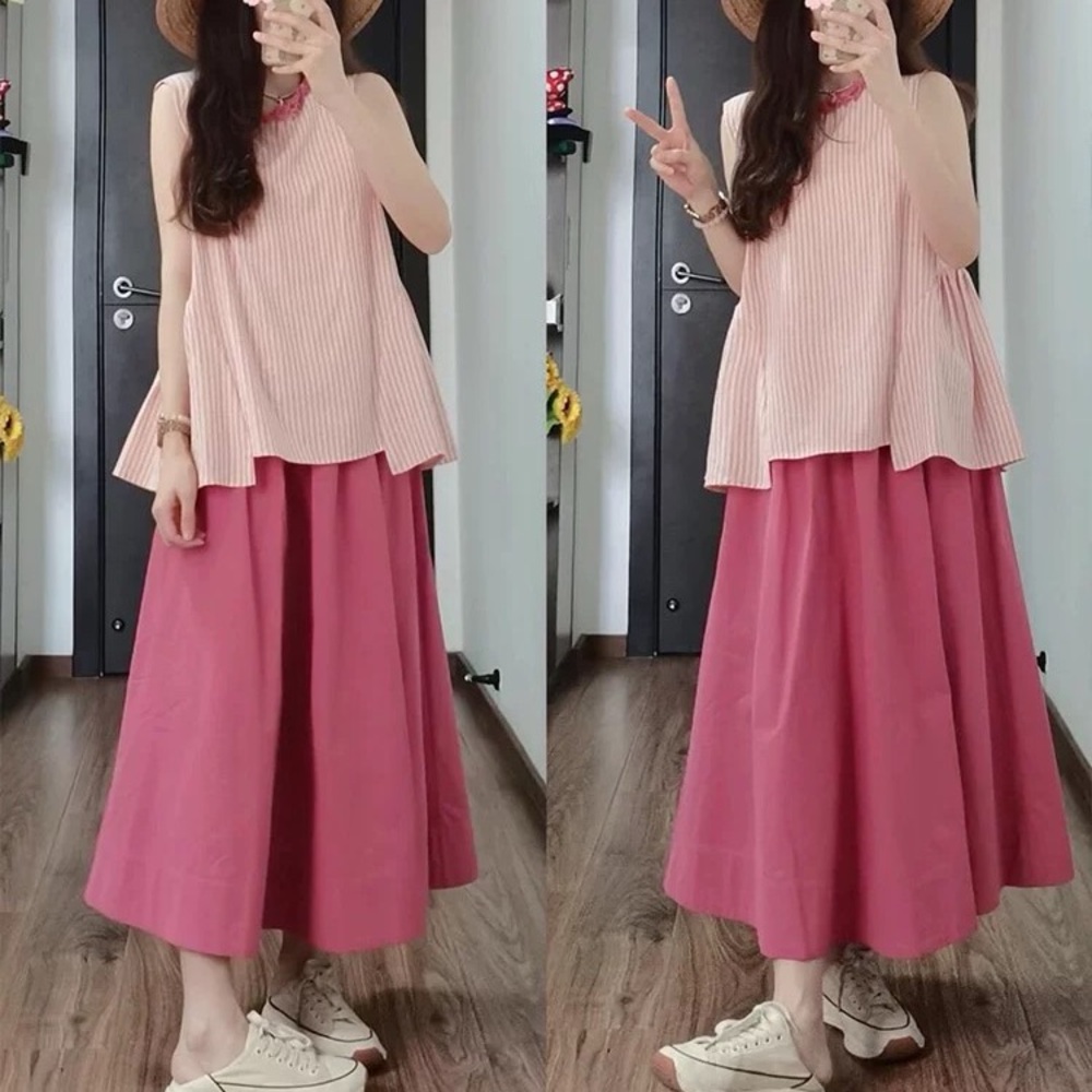 Pleated Pink A-Line Maxi Skirt for Casual Wear